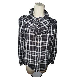 Ochirly Plaid Ruffled Blouse Small Black/White Western Prairie‎ Cottage Preppie